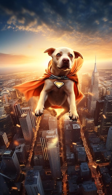 Een hond superheld met een rode cape vliegt over de stad bij zonsondergang in een filmische pose