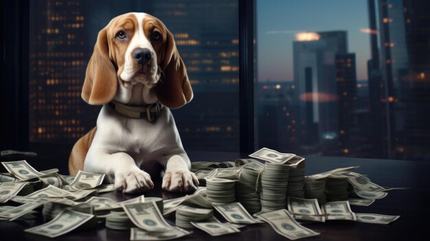 Foto een hond te midden van een stapel biljetten die de financiële verbintenis van het bezit van een huisdier toont