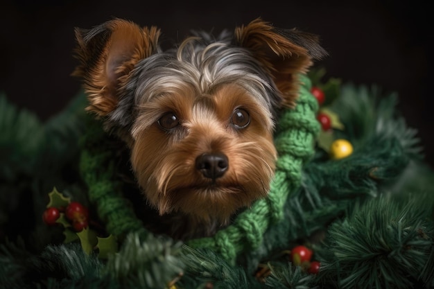 Een hond uit Yorkshire Terrier met een kersttrui en een krans Generatieve AI