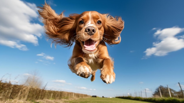 een hond vliegt met open mond door de lucht