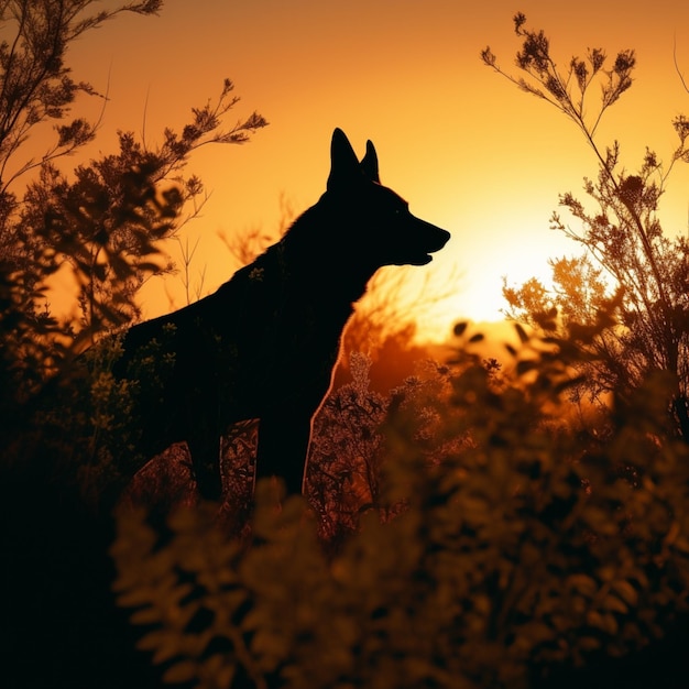 Een hond wordt afgetekend tegen een zonsondergang met daarachter de ondergaande zon.