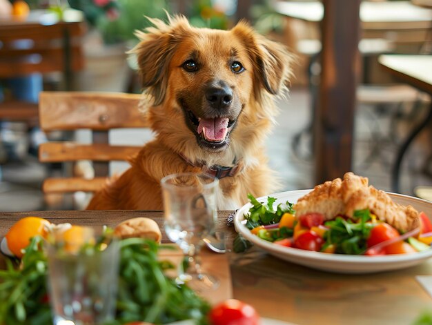 Een hond zit aan een tafel met een bord eten