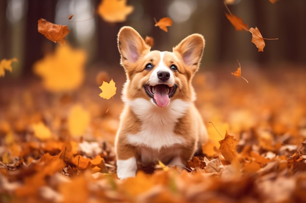 een hond zit in de bladeren in het bos