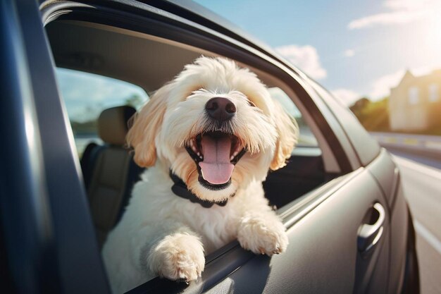 Een hond zit in een auto met zijn kop uit het raam.