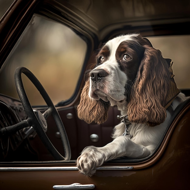 Een hond zit in een auto met zijn ogen dicht.