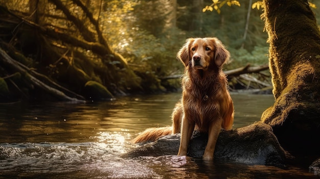 Een hond zit in een beekje in het bos.