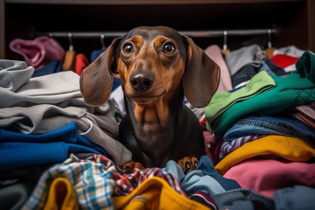 Foto een hond zit in een kast vol kleren.