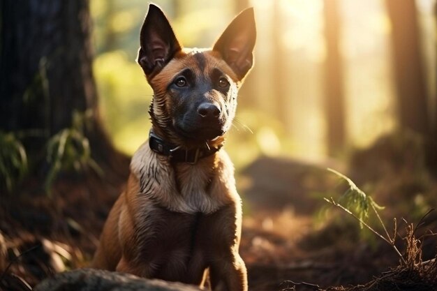 Een hond zit in het bos in de zon.