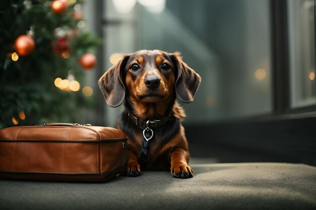 een hond zit in het bos met bladeren op de grond