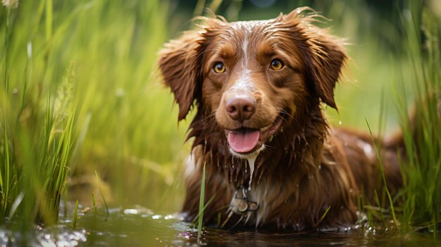 een hond zit in het water en glimlacht
