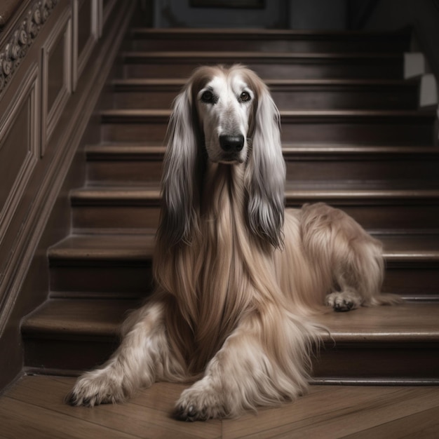 Een hond zit op de trap en heeft lang haar en lange oren.