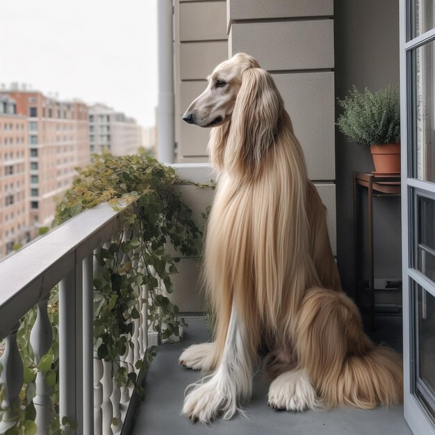 Een hond zit op een balkon en kijkt uit het raam.