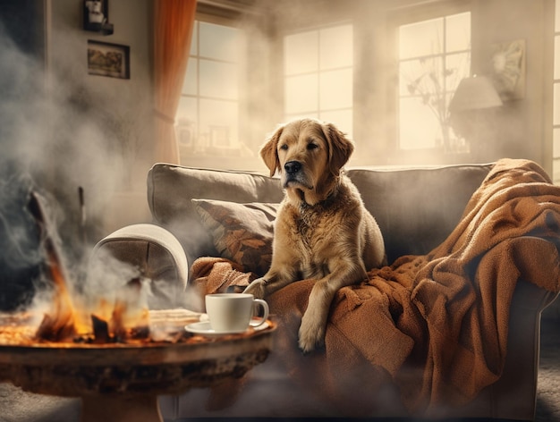 Een hond zit op een bank naast een vuur met een rookwolk op de achtergrond.