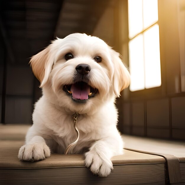 Een hond zit op een bankje met zijn tong uit.