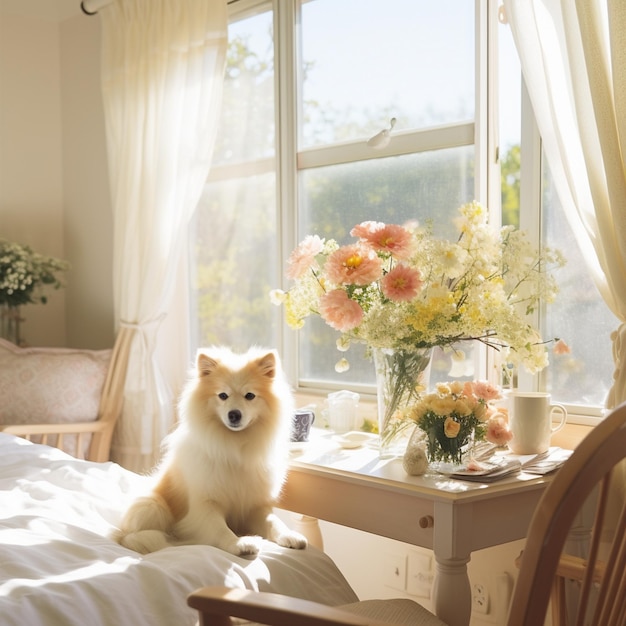 een hond zit op een bed voor een raam met bloemen ervoor.