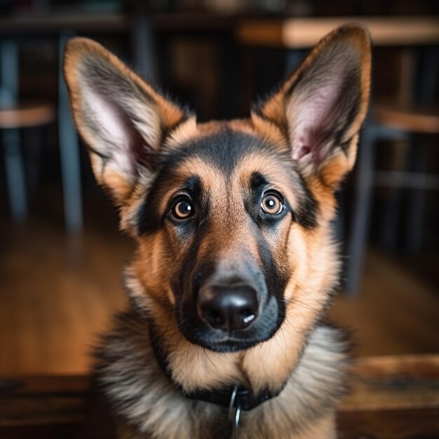 een hond zit op een houten vloer en kijkt naar de camera