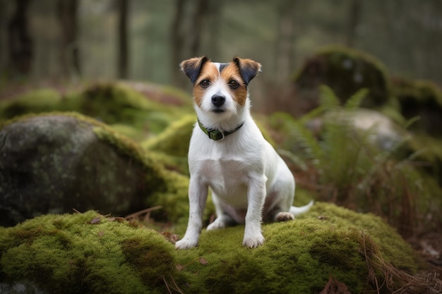 Een hond zit op een met mos bedekte rots in het bos.