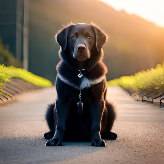 Een hond zit op een pad waar de zon op schijnt.