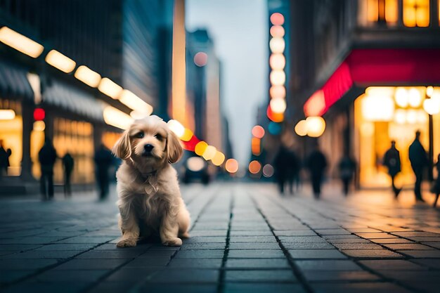 een hond zit op een stenen trottoir in de stad.