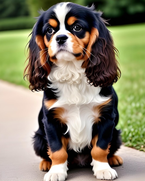 een hond zit op een stoep voor een grasveld