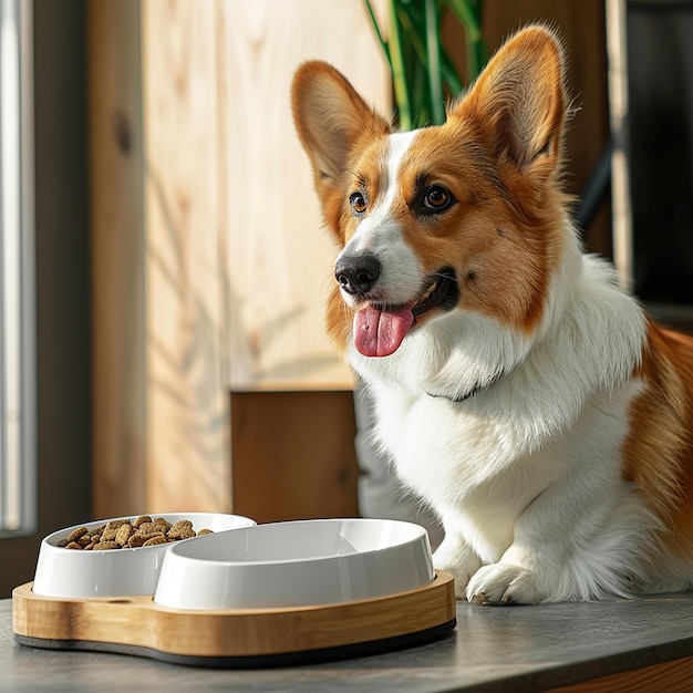 een hond zit op een tafel met een kom hondenvoedsel