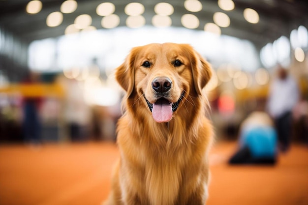 Foto een hond zit op een tapijt met het woord erop