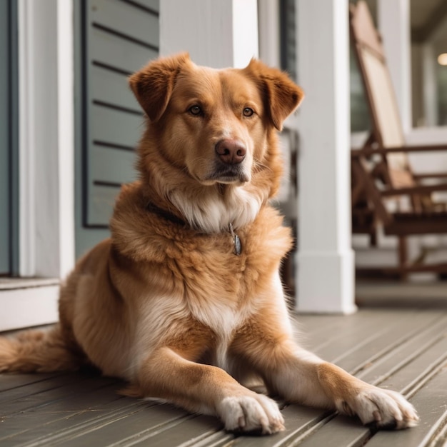 Een hond zit op een veranda met een houten stoel op de achtergrond.