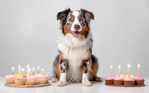 Een hond zit voor cupcakes met kaarsjes erop.