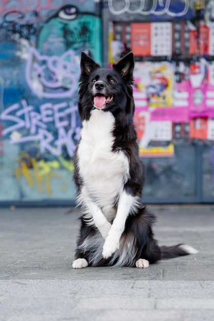Foto een hond zit voor een met graffiti bedekte muur.