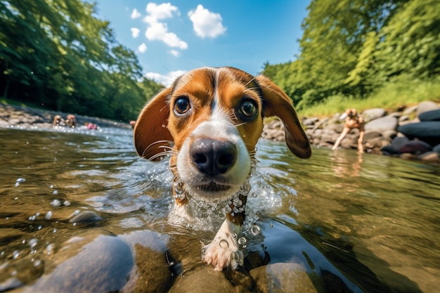 Een hond zwemt in een rivier met het woord brak op de voorkant.