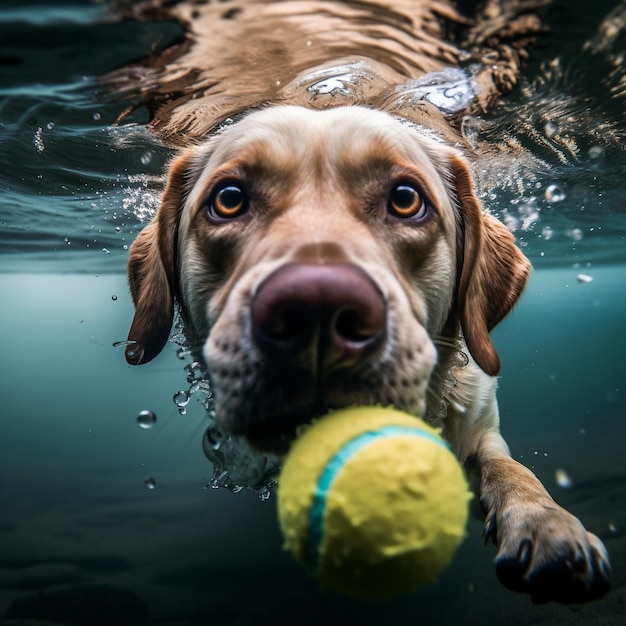 Een hond zwemt met een tennisbal in zijn bek.