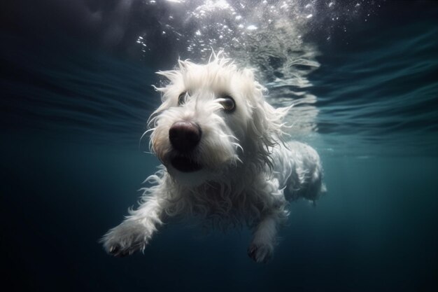 Een hond zwemt onder water met het woord "hond" op de bodem.