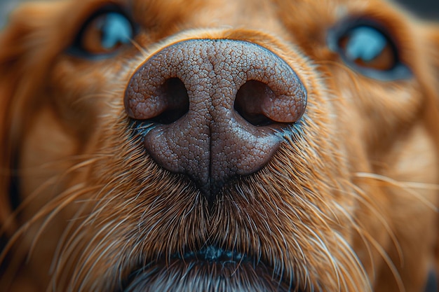 Foto een hondenneus met een blauw oog en een bruine neus