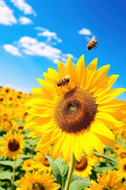 Een honingbij die stuifmeel verzamelt van een veld met bloeiende zonnebloemen