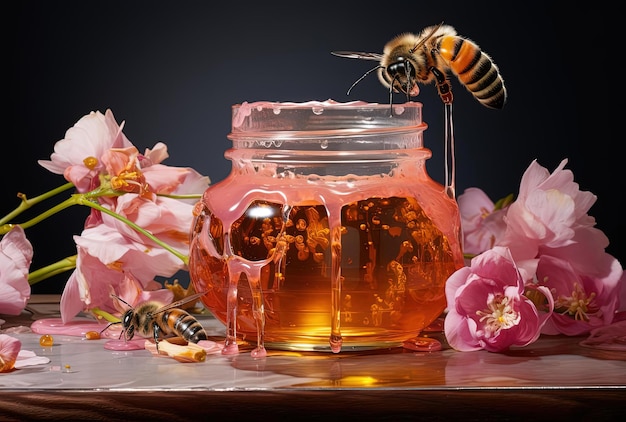 een honingbij druppelt in een lege pot bovenop bloemen in de stijl van glad en gepolijst
