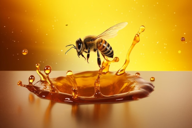 Foto een honingbij plonst in een plas honing.