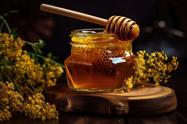 Een honingpot met een houten honinglepel en wat bloemen en ook een bijenkorf