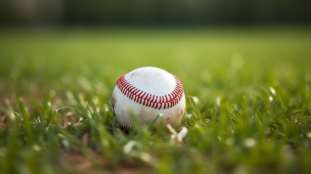 Een honkbal ligt in het gras met het woord honkbal erop.