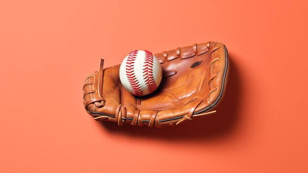 Een honkbal zit op een honkbalhandschoen met een rode achtergrond.