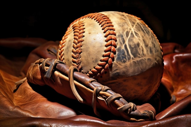 Foto een honkbal zittend bovenop een honkbalhandschoen