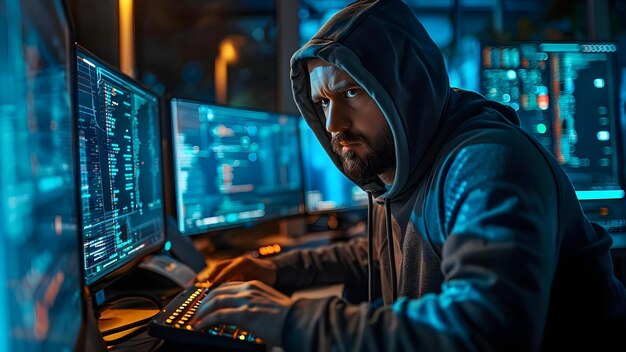 Een hooded hacker houdt zich bezig met multiscreen server hacking concept cybersecurity hacking hacker hood multiscreen display server hacking
