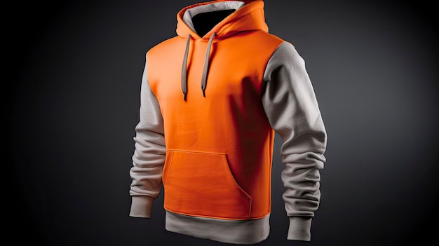 Een hoodie met oranje en grijze kleuren wordt weergegeven op een zwarte achtergrond.