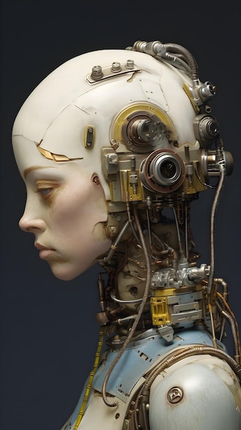 Een hoofd van een vrouw met een robothoofd en het woord robot erop.