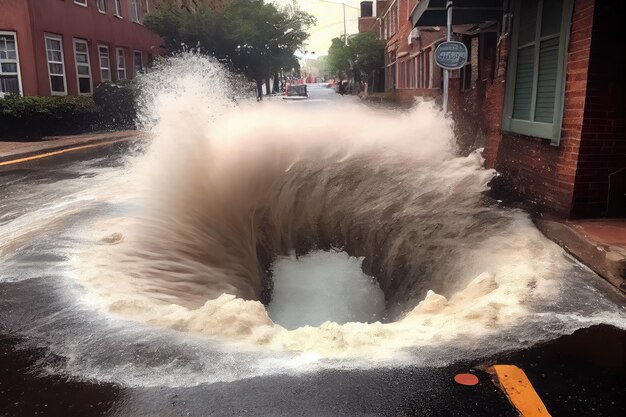 Een hoofdriool is gesprongen waardoor het water door de straat stroomt