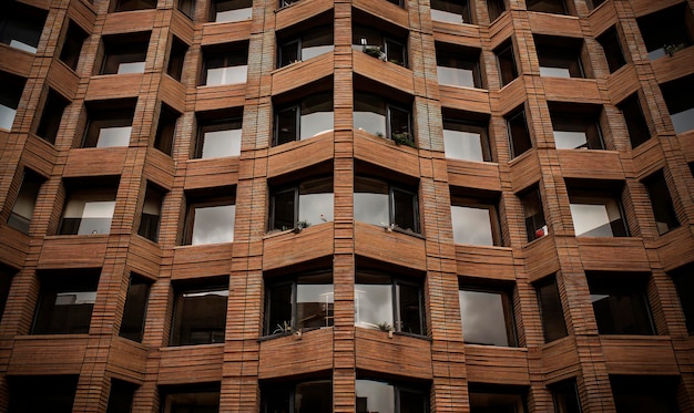 Een hoog bakstenen gebouw met veel ramen en brutalisme zig zag hoog detail AI gegenereerde AI generatieve AI generatieve