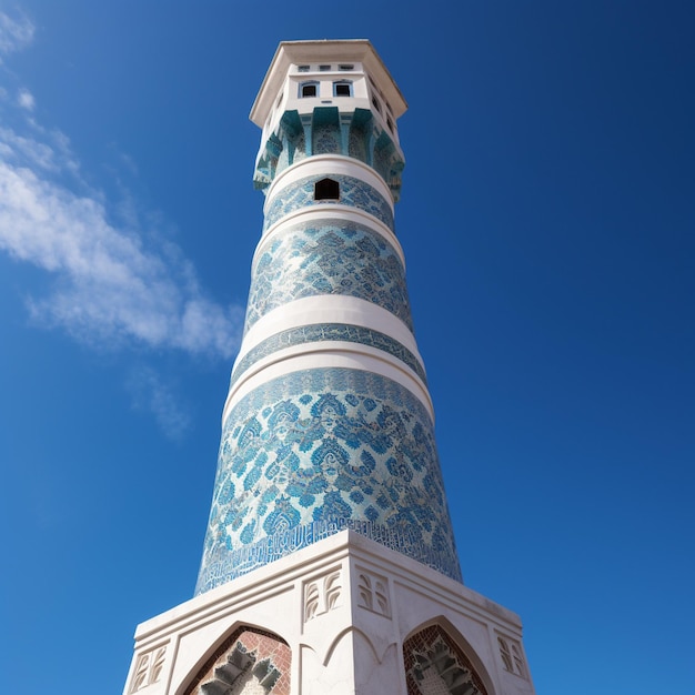 Een hoog gebouw met een blauw-wit tegelpatroon waarop al-muscat staat.