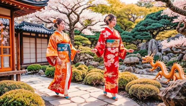 Een hooggeboren Aziatische vrouw in een feestelijke kimono loopt langzaam door een bloeiende Japanse tuin