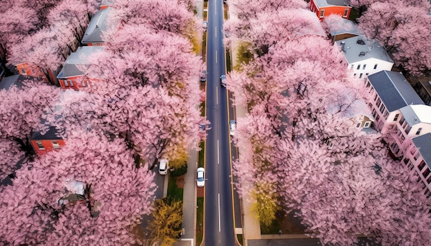 Een hooghoekfoto van een straat met kersenbloesems