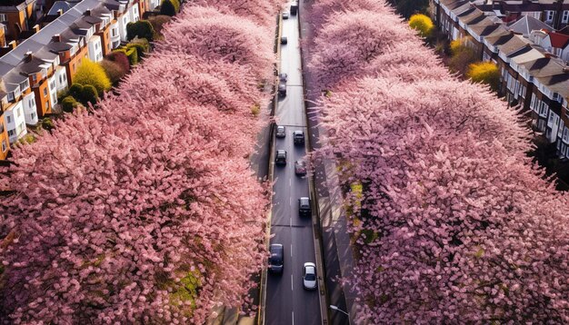 Een hooghoekfoto van een straat met kersenbloesems