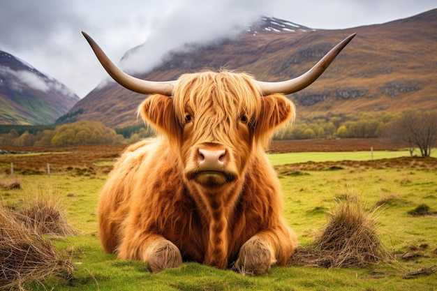 Een hooglandkoe Schotland in een groen veld